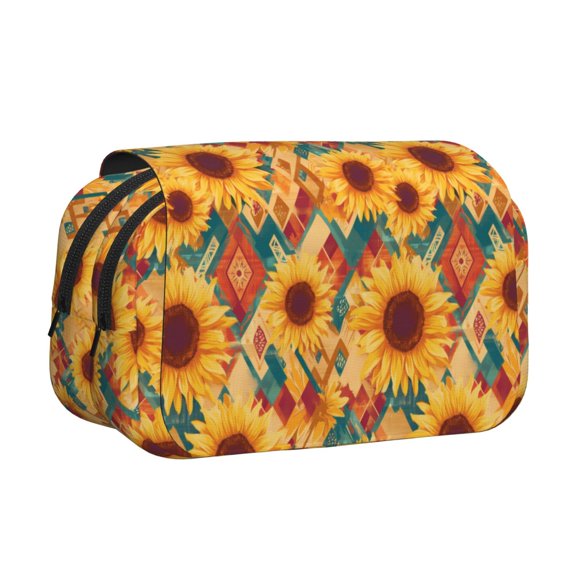 Rateoe Diamond Bohemian Sunflower Pattern Double Clamshell Pen Case, Storage Organizer with Two Zipper Compartments Holds Up to 50 Pencils & Pens