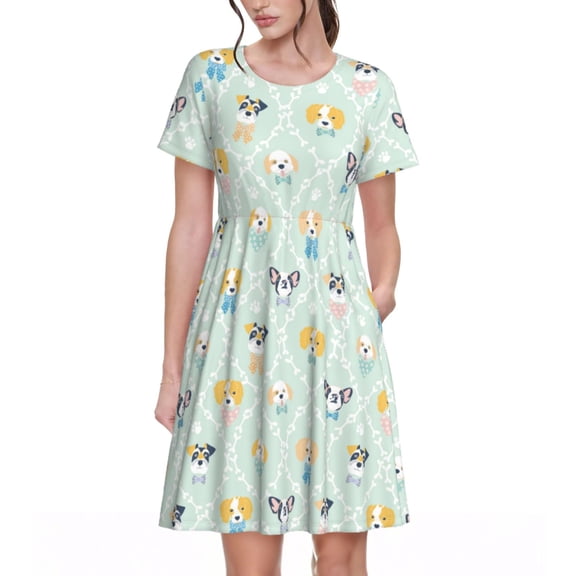 Rateoe Different Breeds of Dogs Pattern Women’s Short Sleeve Dress – Casual Elegant Summer A-Line Dress for Everyday Wear