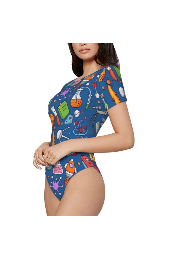 Different Chemical Things Printed Women Rash Guard Short Sleeve,Tummy control Swimsuit Surfing Swimsuit Bathing Suit Short-sleeved Onesie UPF 50+