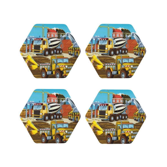 Rateoe Different Construction Site Vehicles Drawing Drink Coasters Set of 4 Leather Coasters Spill Protection for Table Desk,Durable and Non Slip Leather Coaster ,4 Inches Drink Mats-Hexagon