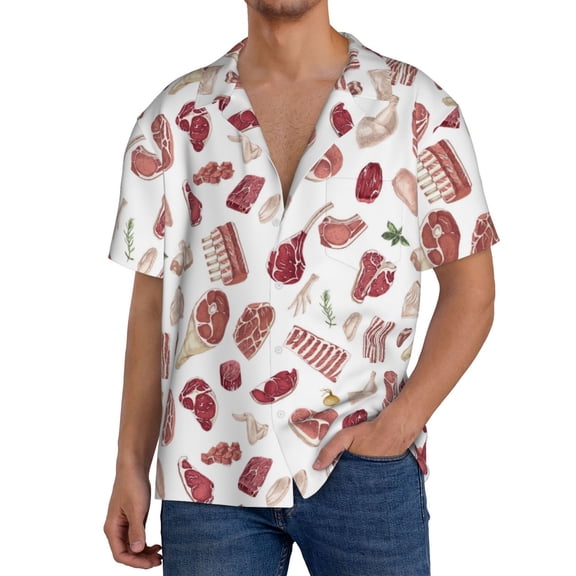 Rateoe Different Meat Pattern Men's Short Sleeve Classic Shirt, Casual Short-Sleeved Shirt, Lightweight Summer Shirt, Cuban Collar Shirt,Button-Front Shirt-Small