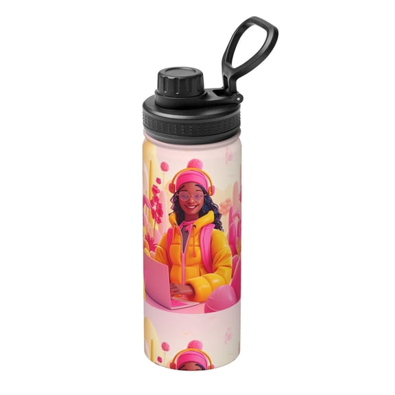 Rateoe Digital Nomad Pink Landscape Printed 18oz Sports Insulated Water Bottle, Double-Wall Stainless Steel Kettle with Leak-Proof Cap and Carry Loop, BPA-Free for Outdoor, Gym, Camping, and Travel