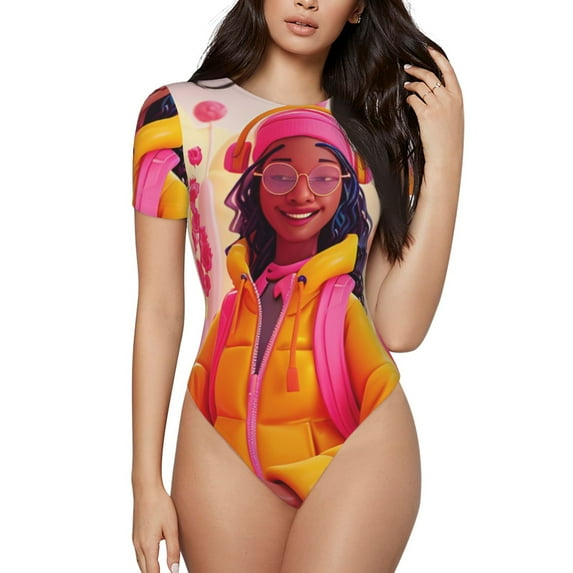 Rateoe Digital Nomad Pink Landscape Printed Women Rash Guard Short Sleeve,Tummy control Swimsuit Surfing Swimsuit Bathing Suit Short-sleeved Onesie UPF 50+ -XX-Large