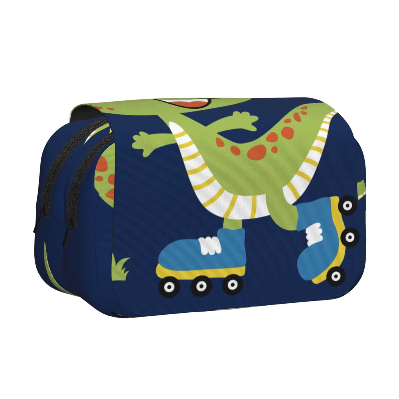 Rateoe Dino Playing Roller Skate Pattern Double Clamshell Pen Case, Storage Organizer with Two Zipper Compartments– Holds Up to 50 Pencils & Pens