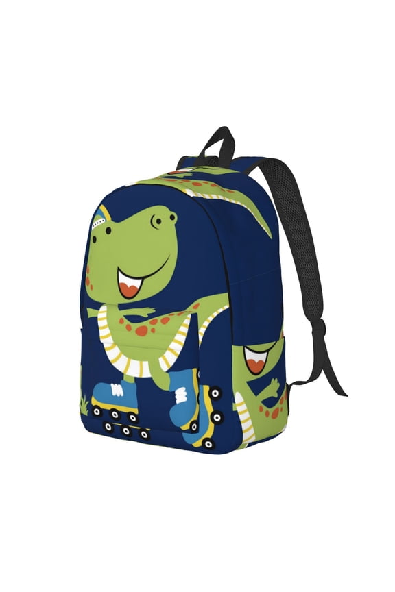Dino Playing Roller Skate Pattern Durable Canvas Backpack for Men & Women – Stylish & Lightweight – Adjustable Straps, Multiple Pockets – Fits 15-17 Inch LaptopsMedium