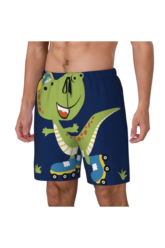 Dino Playing Roller Skate Pattern Men’s Swim Shorts with Compression Liner – Double-Layered Quick-Dry Swimwear, Comfortable & Stretchy Beach Shorts-Medium