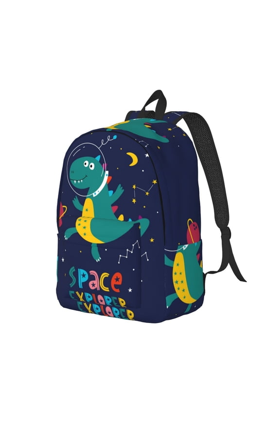 Dinosau Space Explorer Pattern Durable Canvas Backpack for Men & Women – Stylish & Lightweight – Adjustable Straps, Multiple Pockets – Fits 15-17 Inch LaptopsMedium