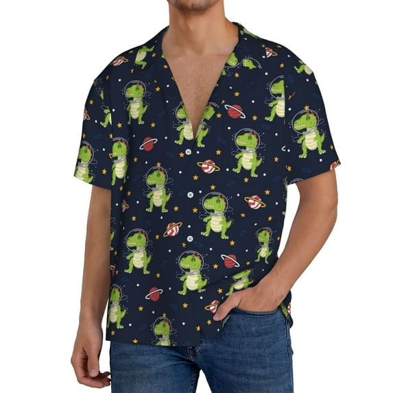 Rateoe Dinosaur Astronaut Pattern Men's Short Sleeve Classic Shirt, Casual Short-Sleeved Shirt, Lightweight Summer Shirt, Cuban Collar Shirt,Button-Front Shirt-Large
