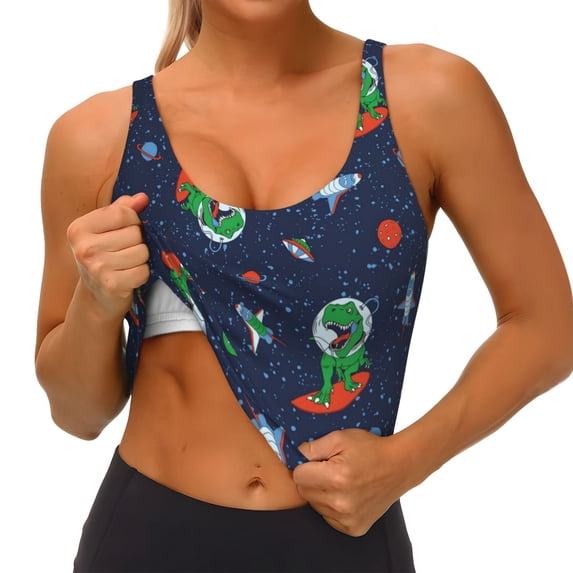 Rateoe Dinosaur Astronaut Print Womens' Sports Bras Scoop Neck Sports Vest- Padded U Back Seamless High Impact Support