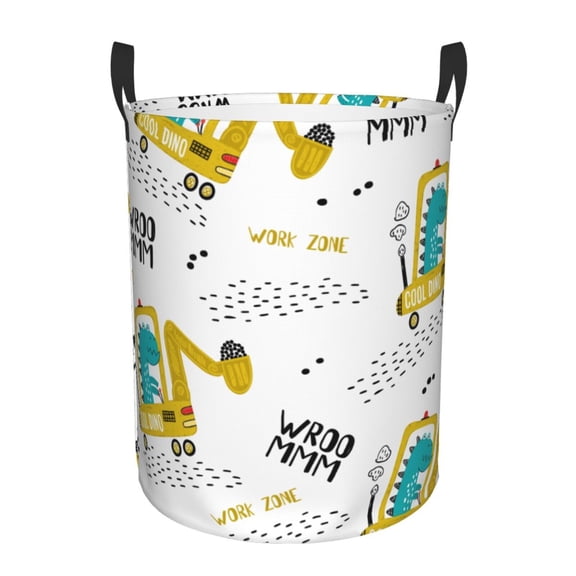 Rateoe Dinosaur on Excavator Pattern Round Laundry Hamper Basket, Tall Hamper Basket for Blanket Storage, Nursery Clothes Hamper for Laundry in Bedroom and College Dorm-Small