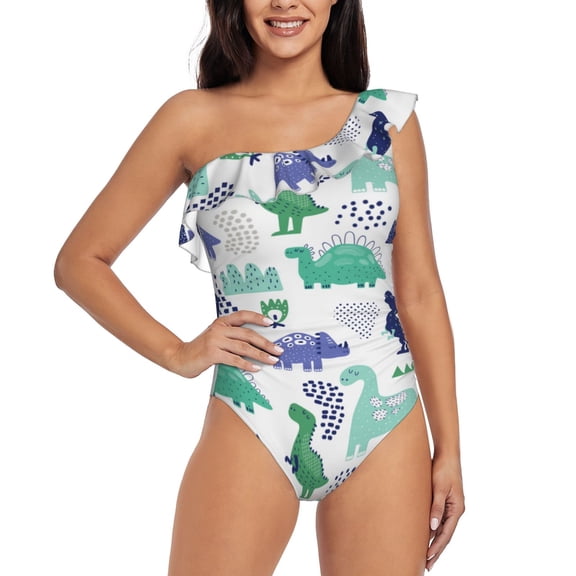 Rateoe Dinosaur Pattern Women One Piece Swimsuits Tummy Control One Shoulder Bathing Suits Ruffle Swimwear-