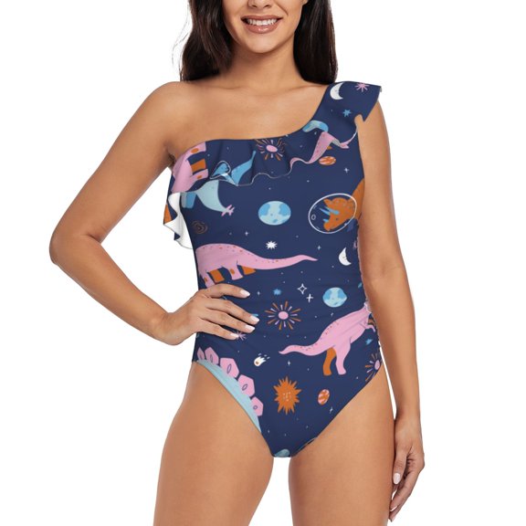 Rateoe Dinosaur Pattern Women One Piece Swimsuits Tummy Control One Shoulder Bathing Suits Ruffle Swimwear-
