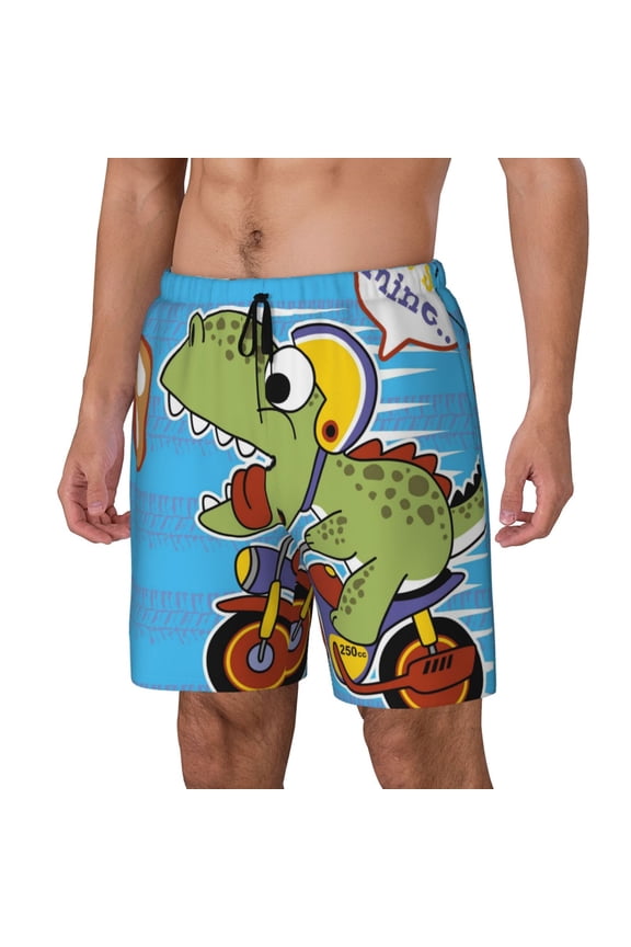 Dinosaur Riding a Motorcycle Pattern Men’s Swim Shorts with Compression Liner – Double-Layered Quick-Dry Swimwear, Comfortable & Stretchy Beach Shorts-Small
