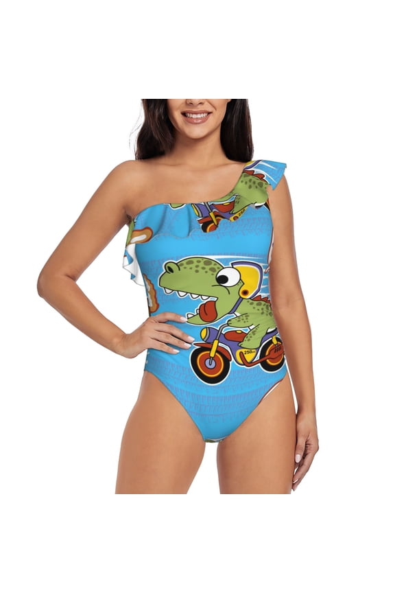 Dinosaur Riding a Motorcycle Pattern Women One Piece Swimsuits Tummy Control One Shoulder Bathing Suits Ruffle Swimwear-X-Large