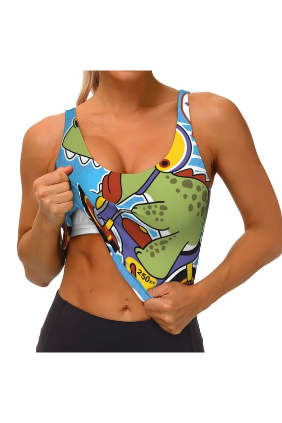Dinosaur Riding a Motorcycle Print Womens' Sports Bras Scoop Neck Sports Vest- Padded U Back Seamless High Impact Support