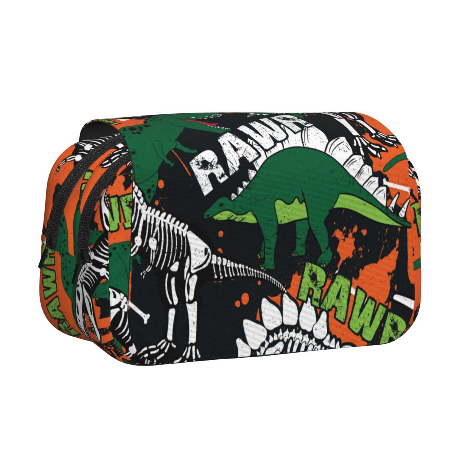 Rateoe Dinosaur Skeleton Pattern Double Clamshell Pen Case, Storage Organizer with Two Zipper Compartments– Holds Up to 50 Pencils & Pens