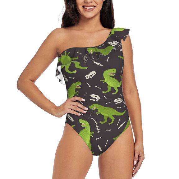 Rateoe Dinosaur Skeleton Pattern Women One Piece Swimsuits Tummy Control One Shoulder Bathing Suits Ruffle Swimwear-