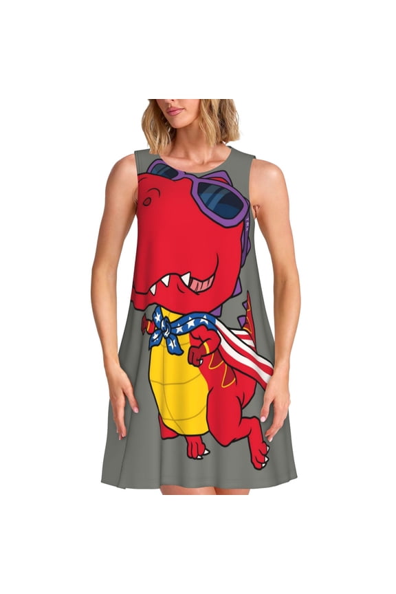 Dinosaur Super Hero Cartoon Pattern Women’s Sleeveless Dress,Casual Summer Dress,A-line Sleeveless Dress Versatile Summer Dress Stylish Day Dress