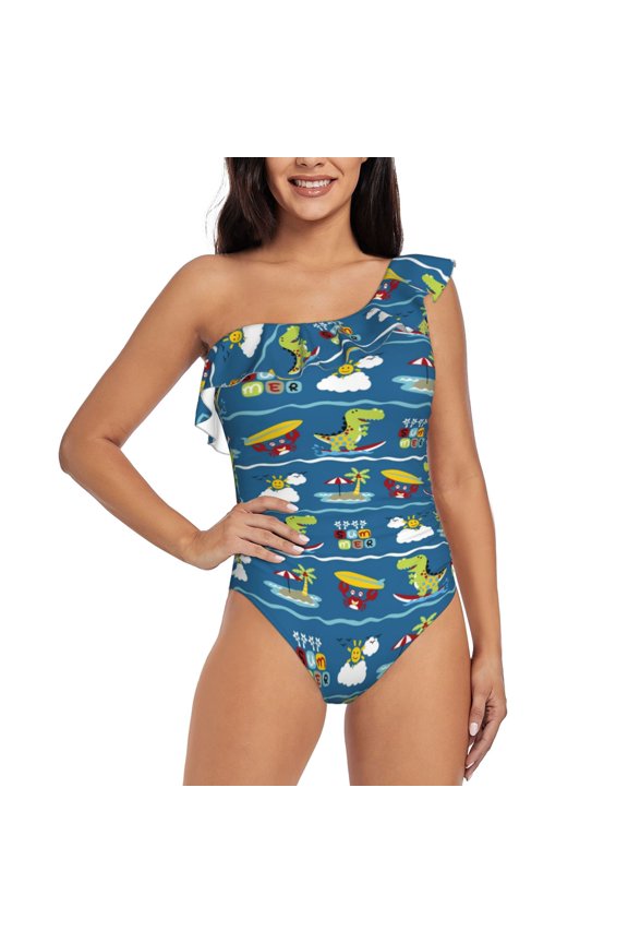 Dinosaur on the Beach Vacation Pattern Women One Piece Swimsuits Tummy Control One Shoulder Bathing Suits Ruffle Swimwear-X-Large