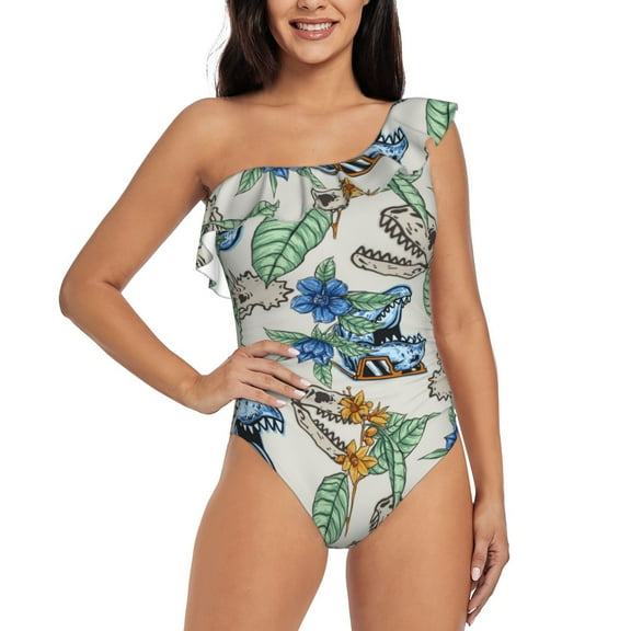 Rateoe Dinosaurs And Leaves Pattern Women One Piece Swimsuits Tummy Control One Shoulder Bathing Suits Ruffle Swimwear-XX-Large