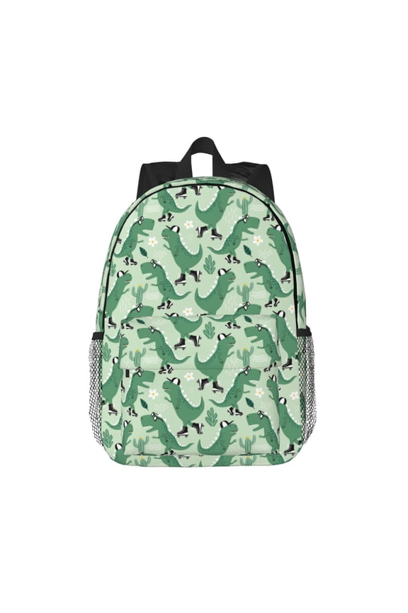 Dinosaurs on Roller Skater Pattern Student Backpack Water-resistant Backpack 15-inch Laptop Backpack Lightweight Adjustable School Backpack