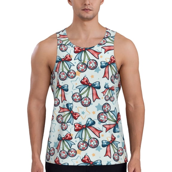 Rateoe Disco Ball Cherry With Bow Pattern Sleeveless Gym Shirt Muscle Tee Breathable Workout Shirt Slim-Fit Tank Quick Dry Fit Muscle Tank Top Bodybuilding Sleeveless T Shirt-
