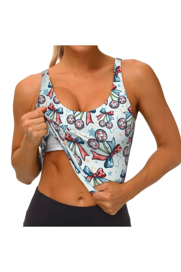 Disco Ball Cherry With Bow Print Womens' Sports Bras Scoop Neck Sports Vest- Padded U Back Seamless High Impact Support