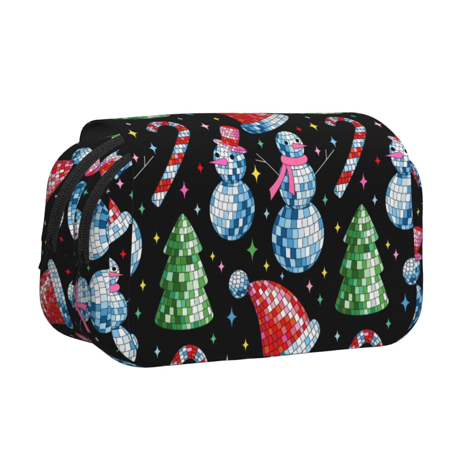 Rateoe Disco Mirror Ball Snowman Pattern Double Clamshell Pen Case, Storage Organizer with Two Zipper Compartments– Holds Up to 50 Pencils & Pens