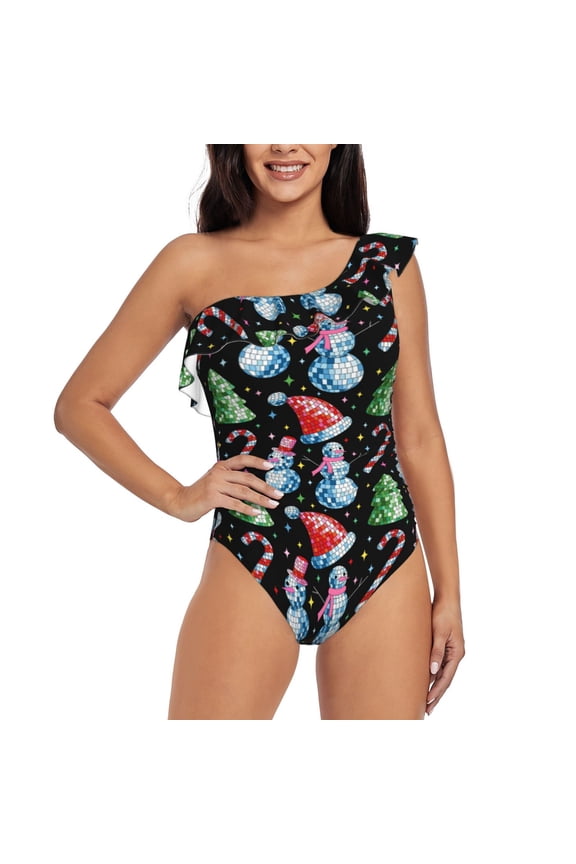 Disco Mirror Ball Snowman Pattern Women One Piece Swimsuits Tummy Control One Shoulder Bathing Suits Ruffle Swimwear-Large