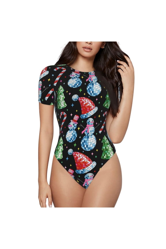 Disco Mirror Ball Snowman Printed Women Rash Guard Short Sleeve,Tummy control Swimsuit Surfing Swimsuit Bathing Suit Short-sleeved Onesie UPF 50+ -Small