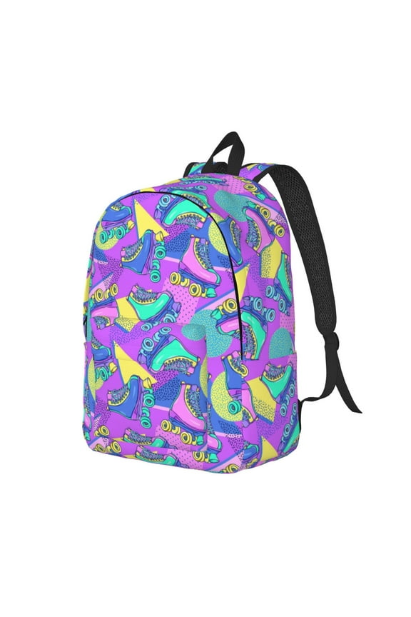 Disco Roller Skates Pattern Durable Canvas Backpack for Men & Women – Stylish & Lightweight – Adjustable Straps, Multiple Pockets – Fits 15-17 Inch LaptopsSmall