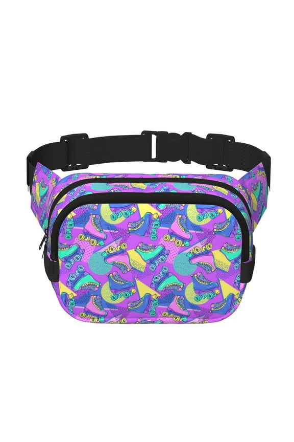Disco Roller Skates Print Fanny Pack Belt Bag for Women and Men, Square Double-Layer Waterproof Waist Pack with Adjustable Strap for Hiking, Jogging, Cycling
