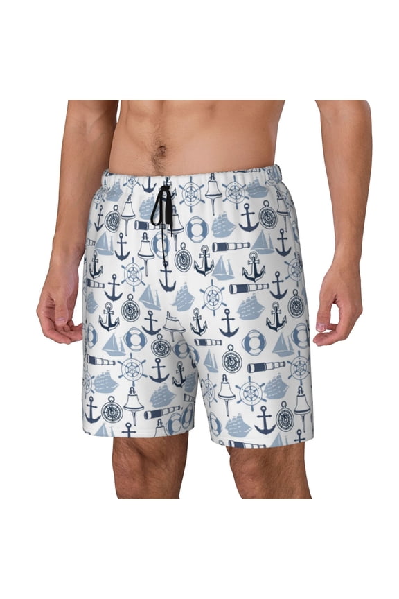 Dock Rudder Pattern Men’s Swim Shorts with Compression Liner – Double-Layered Quick-Dry Swimwear, Comfortable & Stretchy Beach Shorts-Large