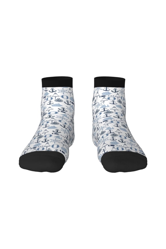 Dock Rudder Pattern Quarter Crew Socks,Toe Seamed Ankle Socks,Cotton Cushioned Breathable Athletic Crew Sports Socks