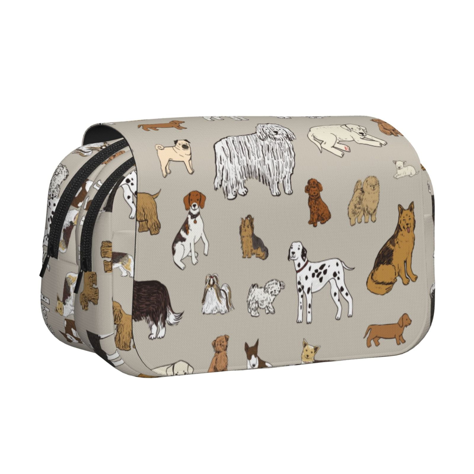 Rateoe Dog Animal Pattern Double Clamshell Pen Case, Storage Organizer with Two Zipper Compartments– Holds Up to 50 Pencils & Pens