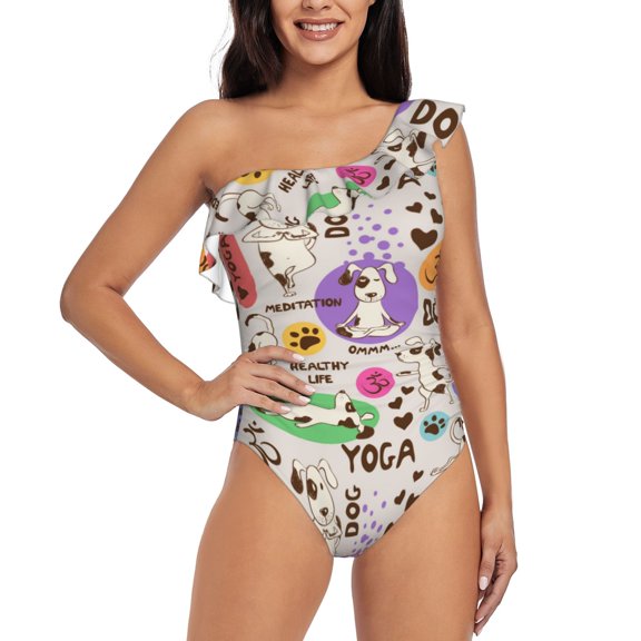 Rateoe Dog Doing Yoga Pattern Women One Piece Swimsuits Tummy Control One Shoulder Bathing Suits Ruffle Swimwear-Medium
