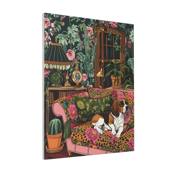 Rateoe Dog On Floral Couch Pattern Decorative Picture – Unique Modern Wall Art, Ready-to-Hang Canvas Print for Home (Vertical)