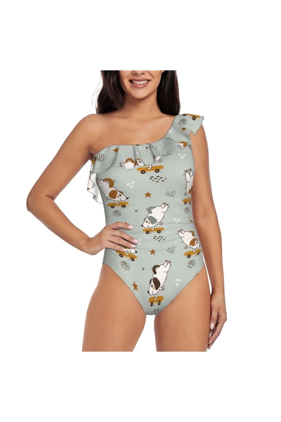 Dog Riding Skateboard Pattern Women One Piece Swimsuits Tummy Control One Shoulder Bathing Suits Ruffle Swimwear-