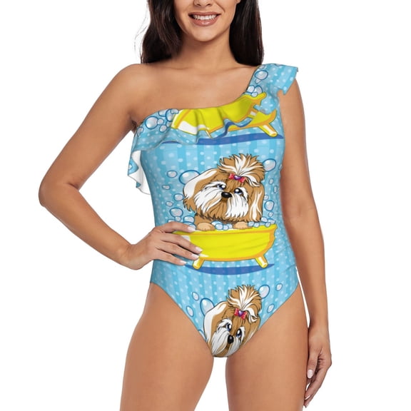 Rateoe Dog Takes a Bath in the Bathtub Pattern Women One Piece Swimsuits Tummy Control One Shoulder Bathing Suits Ruffle Swimwear-