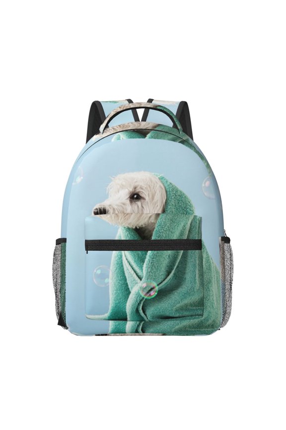 Dog Wrapped in Towel Pattern Durable Student Backpack Laptop Bag- Ergonomic Design, Waterproof Twill Fabric - Ideal for School, Travel, and Outdoor Activities