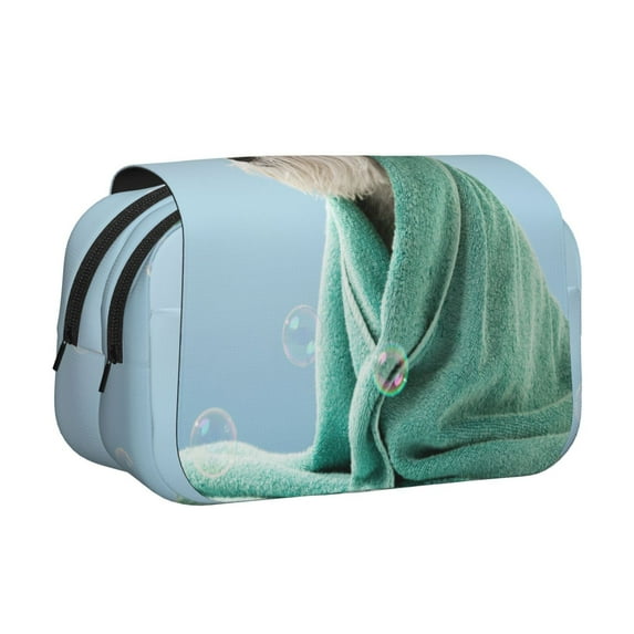 Rateoe Dog Wrapped in Towel Pattern Double Clamshell Pen Case, Storage Organizer with Two Zipper Compartments– Holds Up to 50 Pencils & Pens