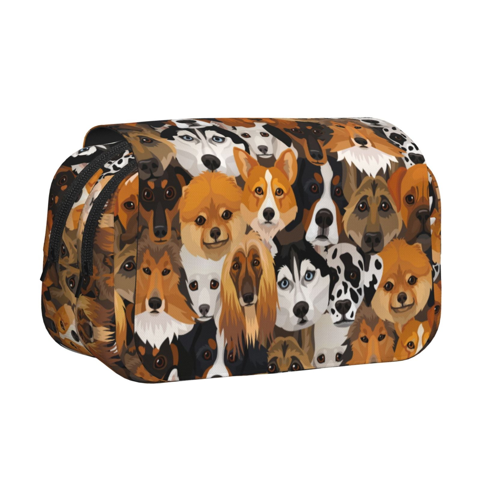 Rateoe Dogs Different Breeds Pattern Double Clamshell Pen Case, Storage Organizer with Two Zipper Compartments– Holds Up to 50 Pencils & Pens