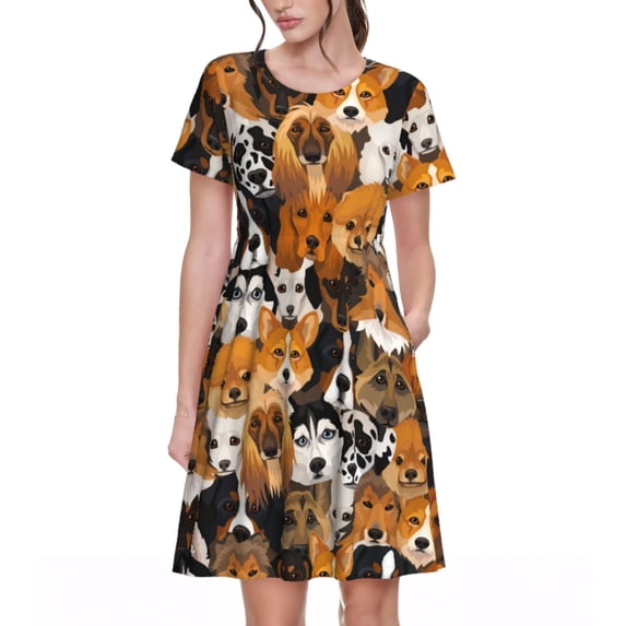 Rateoe Dogs Different Breeds Pattern Women’s Short Sleeve Dress – Casual Elegant Summer A-Line Dress for Everyday Wear