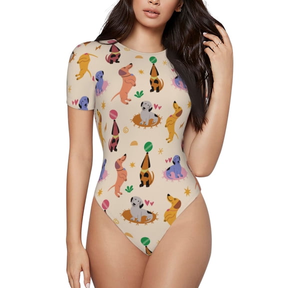 Rateoe Dogs In Different Poses Printed Women Rash Guard Short Sleeve,Tummy control Swimsuit Surfing Swimsuit Bathing Suit Short-sleeved Onesie UPF 50+ -Medium