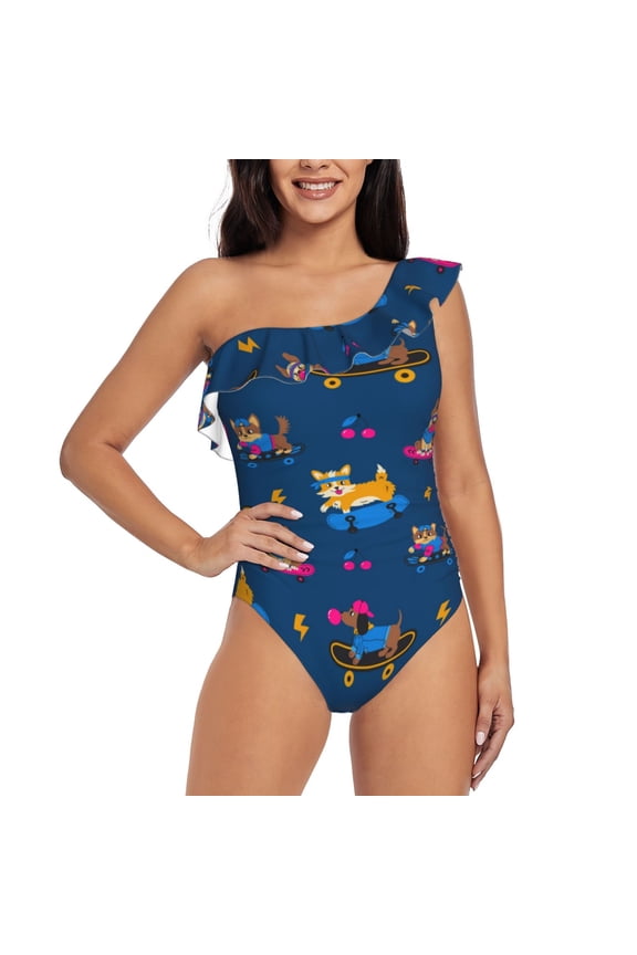 Dogs Riding Skateboard Pattern Women One Piece Swimsuits Tummy Control One Shoulder Bathing Suits Ruffle Swimwear-Large