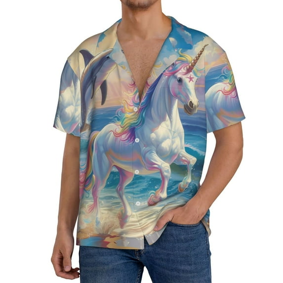 Rateoe Dolphin Rainbow Horse Print Mens Front Pocket Hawaiian Shirts Casual Shirts Short Sleeve Button Down Beach Tropical Shirts-Small