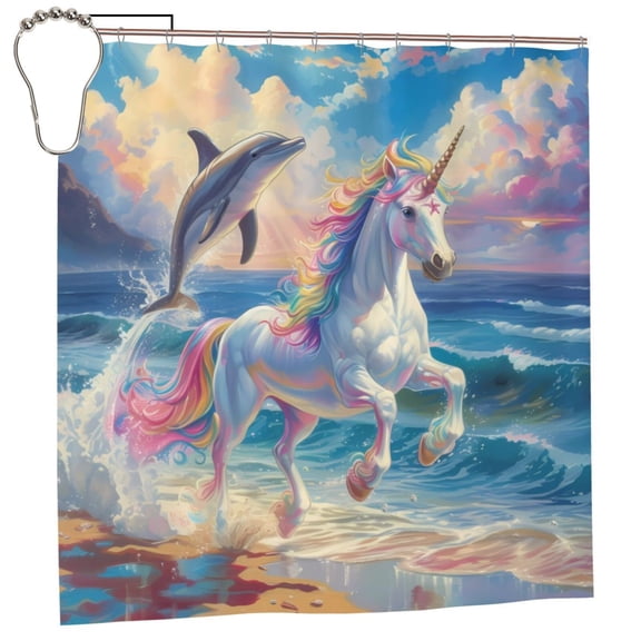 Rateoe Dolphin Rainbow Horse Shower Curtain - Fancy Bathroom Shower Curtain Sets - Waterproof Shower Curtain with Hooks with 12 Plastic Hooks 72x72 Inches