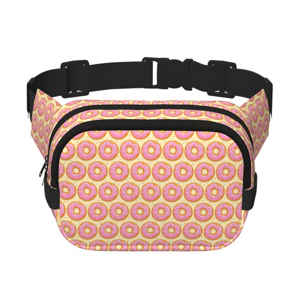 Rateoe Donuts With Pink Glaze Print Fanny Pack Belt Bag for Women and Men, Square Double-Layer Waterproof Waist Pack with Adjustable Strap for Hiking, Jogging, Cycling