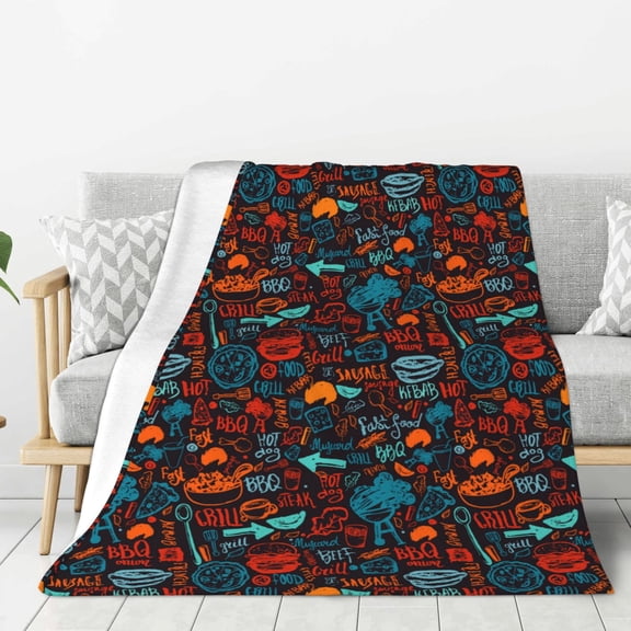 Rateoe Doodle Barbeque Pattern Flannel Throw Blanket, Ultra-soft Blanket for Bed, Couch, Car, Hypoallergenic Anti-pilling blanket-40"x30"(Vertical)