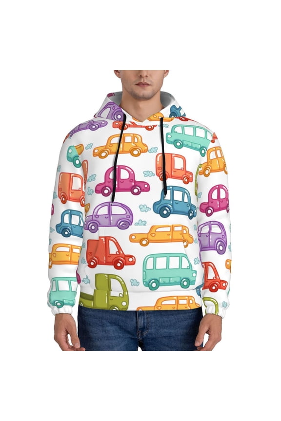 Doodle Cars Pattern Mens Hoodie, Pullover Hooded Sweatshirt, Kangaroo Pocket Hoodie Ideal for Daily Wear, Travel and Home-Medium